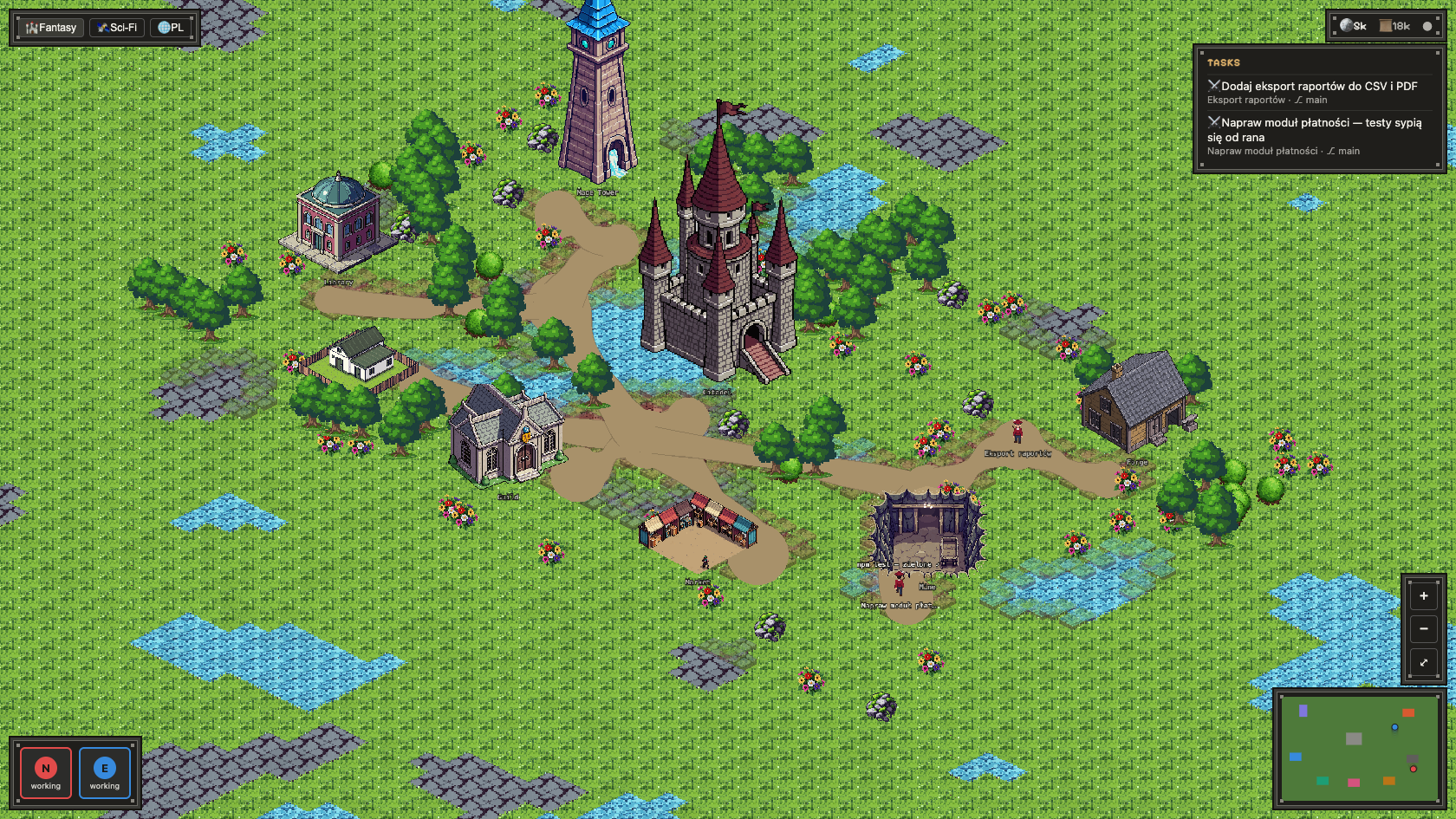 Age of Agents — a peaceful fantasy realm with a keep, mage tower, market and library